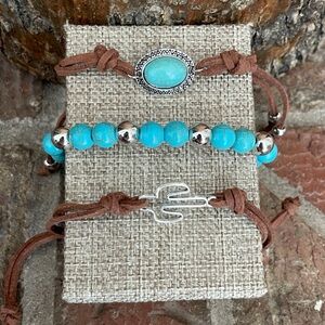 Faux Turquoise and Saguaro Cactus Faux Leather Bracelet Set